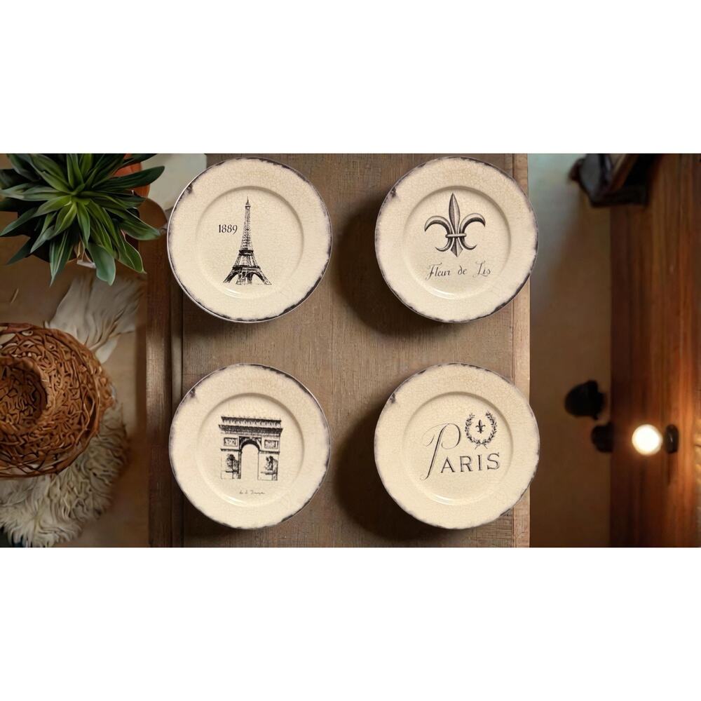 Santa Barbara Marco Fabiano Paris Plates Set of 4 Eiffel Arc Fleur 8.25” Decor
